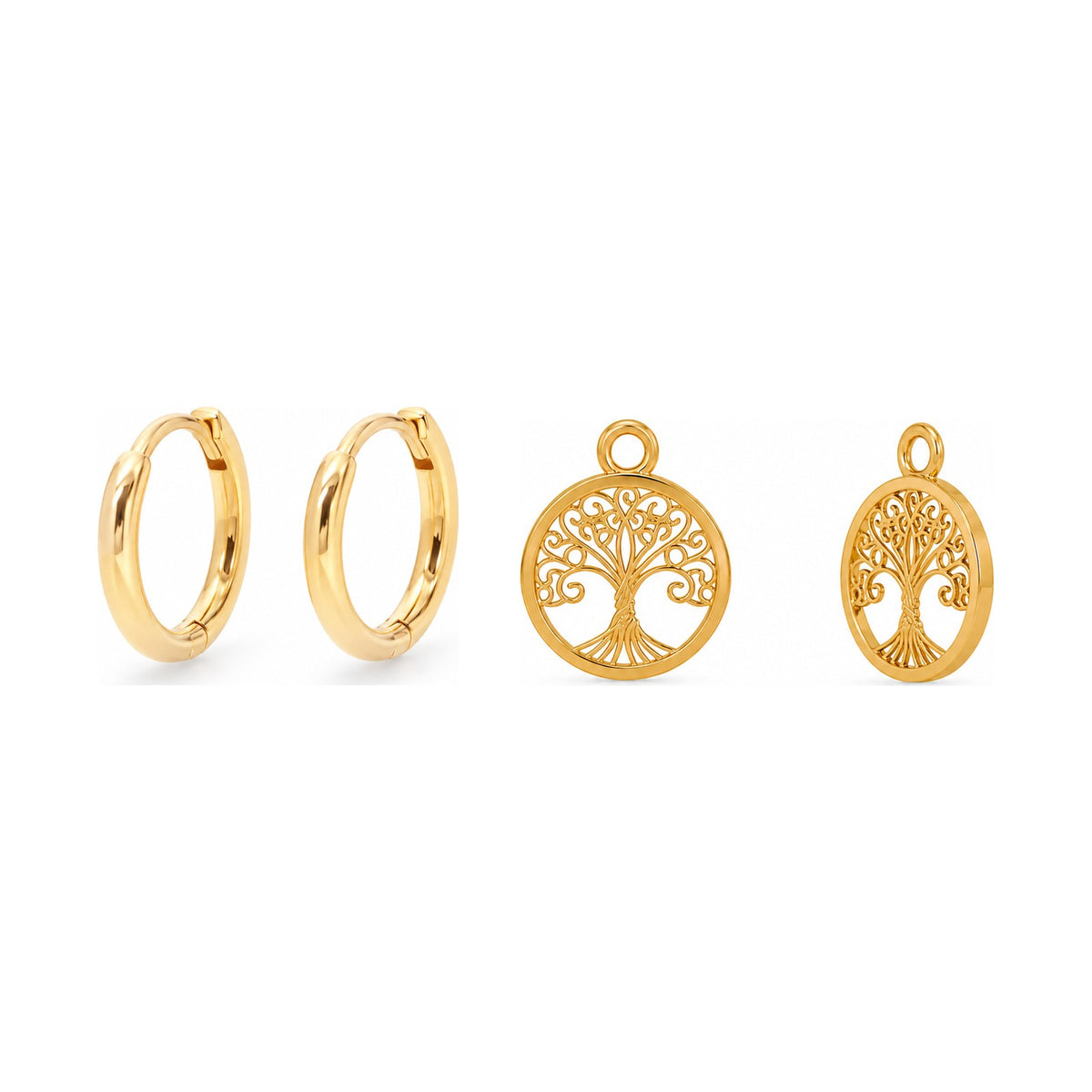 Anéa Mini Creolen mit Vidaé Tree of Life Charms in Gold, Freisteller